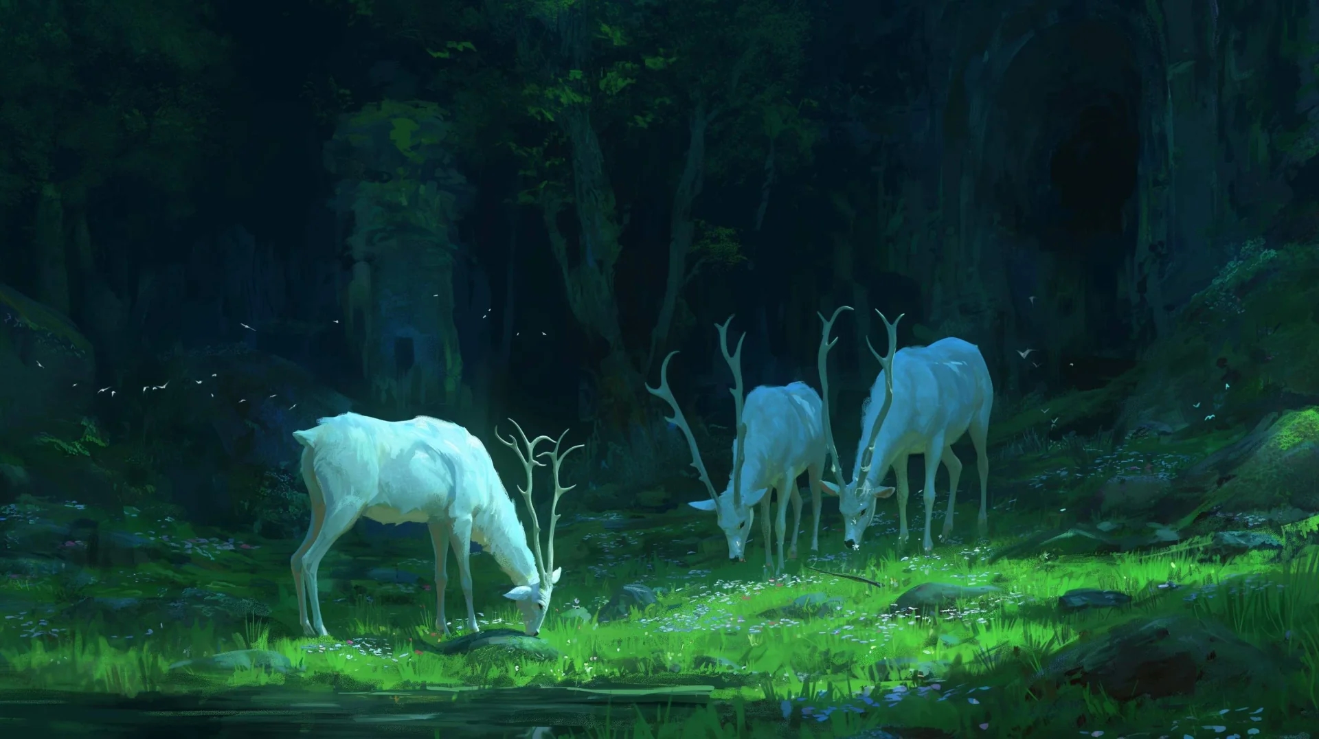 Mystical white stags in an enchanted forest